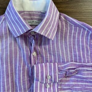 Nero Sfumato Positano 100% Linen Purple Stripe Button‎ Up Shirt Mens Small Italy